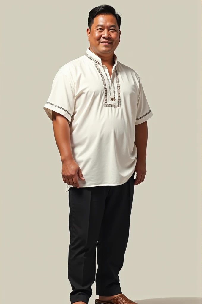 filipino male wearing camisa de chino with black pants with salangkot and slippers