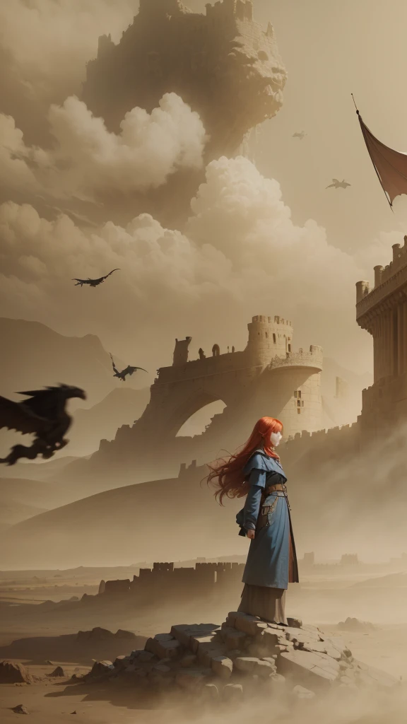 masterpiece, illustration, ((a massive giant Babylonian military fortress, made of carved stone, standing far on the desolate land)), (Tower of Babel), a pale blue sky, Sun Ray, fog, Shadow, Dark grass with stone, uninhabitable, barren land, nature, (Mountains), unsaturated, (A young girl in a dark blue coat walks towards the castle, Standing Far Away), medium length red hair, Moscow, Soviet Union, (a dark dragon with glowing red eyes flies in the sky above the fortress)
