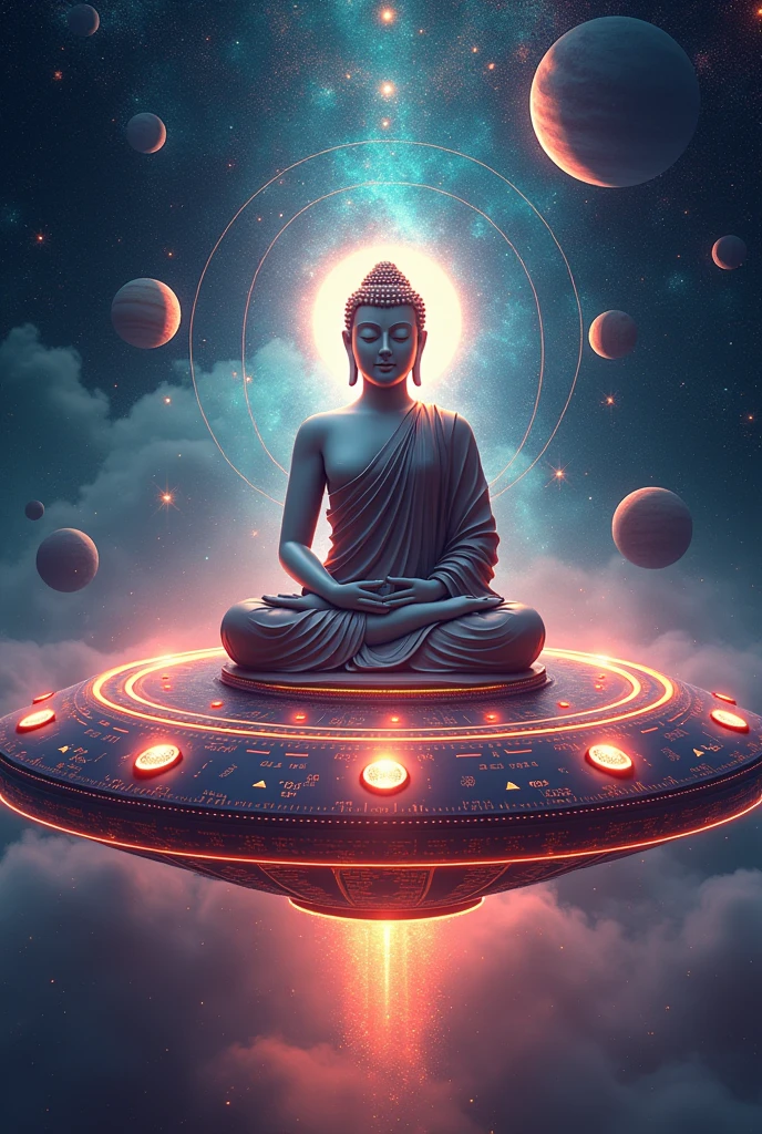 a very realistic and very psychedelic Buddha sitting on top of a flying saucer around several planets, psychedelia, etc...
a very colorful and eye-catching image, the Buddha is very modern and meditating with a happy face, the flying saucer is full of lights and very realistic around the planets, astrological calculations and all the art involving quantum mechanics. I want everything to be very engaging., with occultism, involving spirituality the flying saucer has to be more eye-catching, with lots of flashing lights and that all of it appears