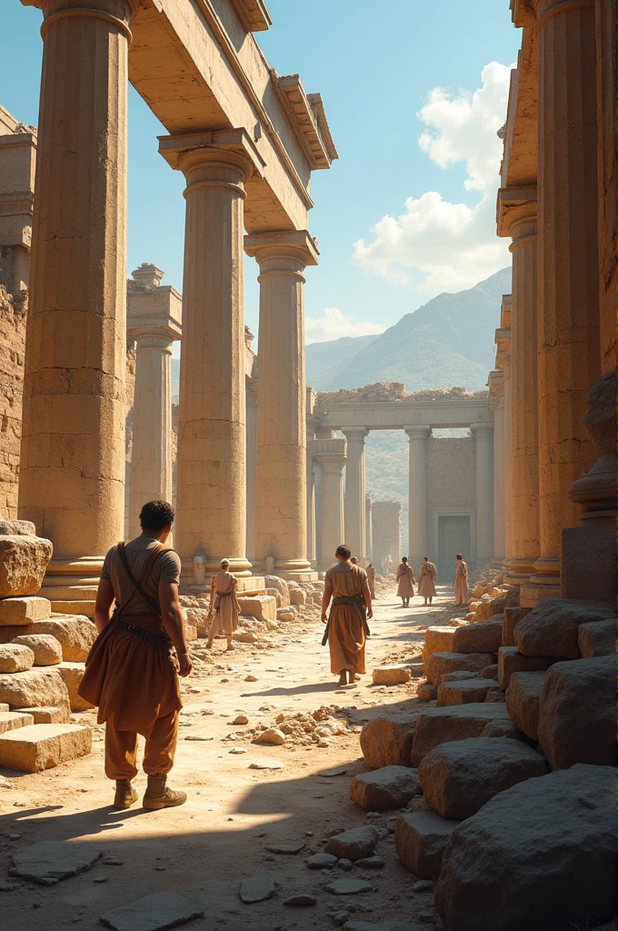 "The Ruins of Troy": An archaeological scene showing the remnants of the ancient city of Troy. Broken columns, weathered walls, and scattered pottery fragments lie under the sunlight, with researchers and historians examining artifacts. The mood is reflective, hinting at lost history.