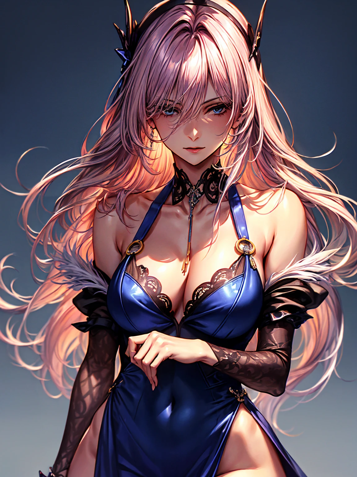 top-quality、tmasterpiece、Very high resolution、super high image quality、High-quality pixels)、perfect eyes, perfect face, perfect body figure,solo,8K, sizable breast,(Detailed description of hair), (Detailed description of face),(Detailed description of body), fair and clear skin, matchless beauty, long legged, pink hair details expressed, The details have been upgraded, light blue eyes, dynamic shooting angles, maid costume, maid hair band, fashion magazine cover, model posture, elegant, (dark blue diamond clothes decoration:1.2)