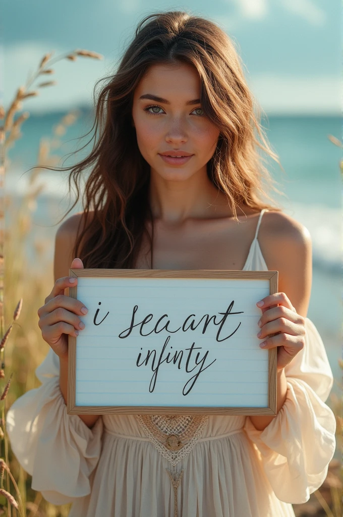 Beautiful girl with wavy long hair, bohemian dress, holding a white board with text "I Love Seaart Infinity" and showing it to the viewer