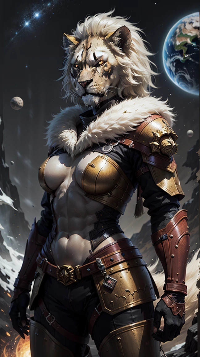 lioness, white fur, golden eyes, with rusty armor, background of a blue planet.