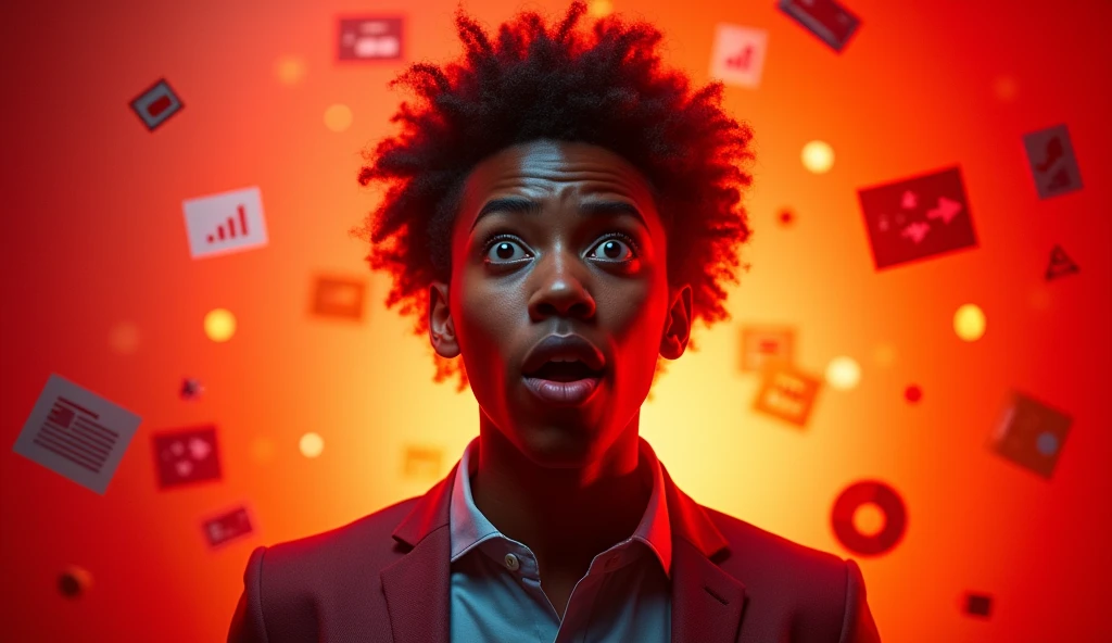 Create a cover image for a YouTube channel with the title 'Find out how you're being fooled by marketing strategies to mislead consumers'. main image: Include a centered image of a person with an expression of surprise or indignation. Background: Use a bright color gradient, Like red and orange, to create an eye-catching look.
main image: Include a centered image of a person with an expression of surprise or indignation. Additional Elements: Include marketing related icons, like graphs and arrows, to reinforce the theme.