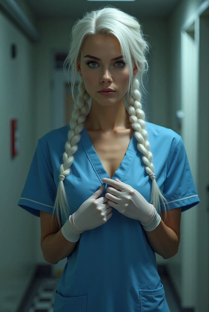 Nurse in blue dress,Caucasian skin, White hair twin braids, showing wet white bra, using a glove,serious look, deep decolte, ?????????????? 