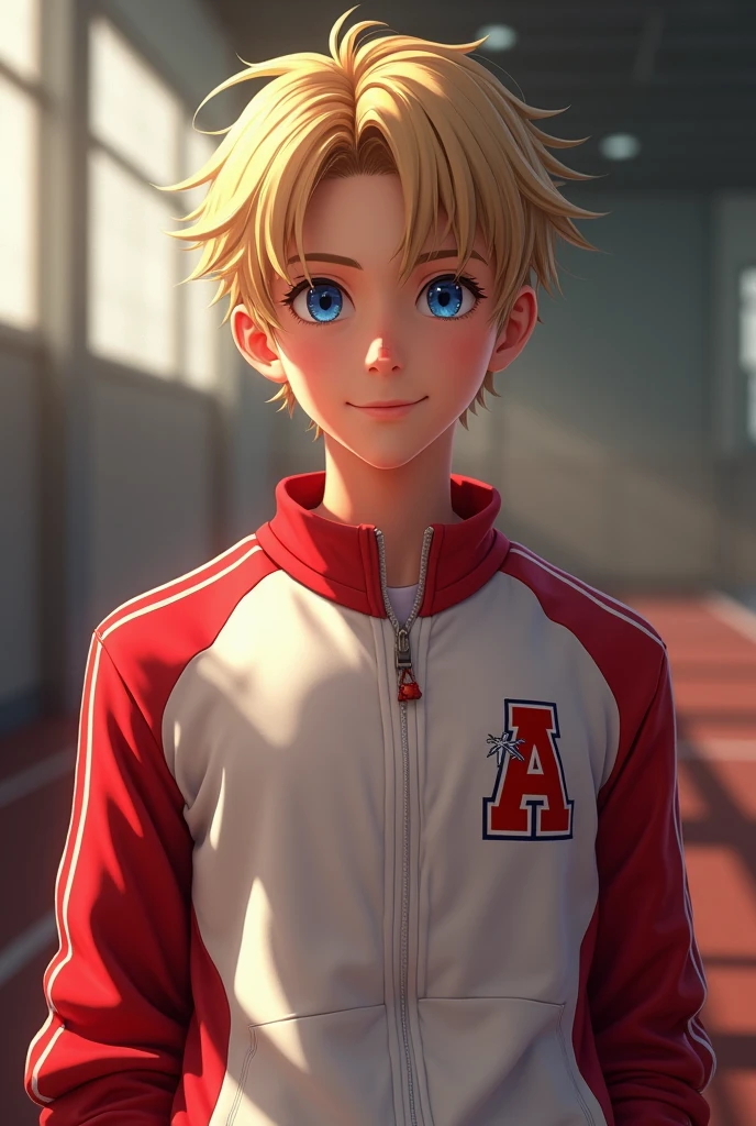 He is a ager with straight blond hair and his haircut is swept to the side and is very charming to women., piercing gaze and the color of his blue eyes picina, with an athletic body and impeccable posture and wears a uniform with red and white on the team jacket and an acronym of the school name which is P for team like the United States.  Show me in a more realistic way. 