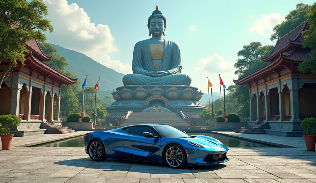 there is a metallic blue sports car at the base of massive Buddha statue, Buddhist temple background 