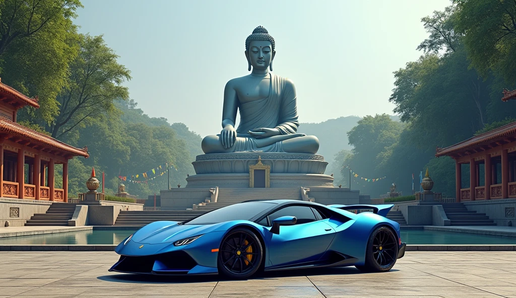 there is a metallic blue sports car at the base of massive Buddha statue, Buddhist temple background 