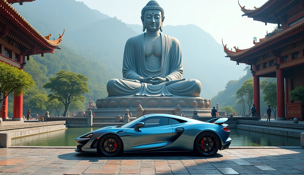 there is a metallic blue sports car at the base of massive Buddha statue, Buddhist temple background