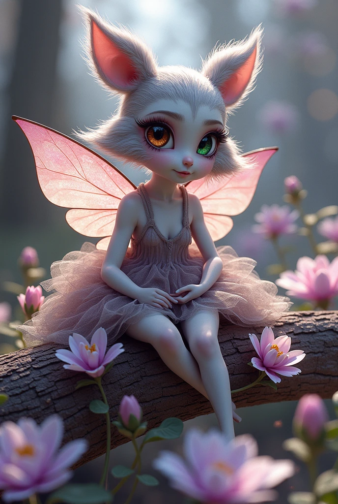 Super mini size、eye々crisp、片方のeyeは緑色で、もう片方のeyeは茶色です、length, Curled eyelashes、Hair is silver、Raccoon Ears、Wearing fluttery clothing、Beautiful fairy