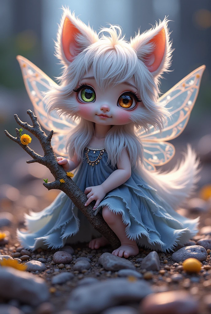 Super mini size、eye々crisp、片方のeyeは緑色で、もう片方のeyeは茶色です、length, Curled eyelashes、Hair is silver、Raccoon Ears、Wearing fluttery clothing、Beautiful fairy