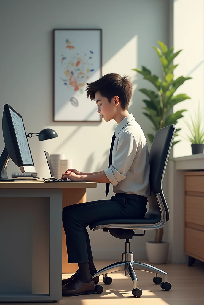this image create a office boy woking in laptop and setting a office chair