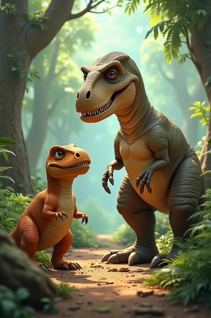 Create an animated image of a dinosaur named Dinotanzario and his mammoth friend named Manuel who learned that wealth is not forever