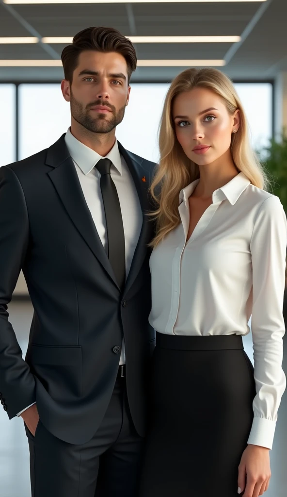 (photorealism:1.2), Couple, handsome dark-haired man, brown eyes, square jaw, dressed in office suit, stands next to blonde-haired woman in office clothes, white blouse and black tube skirt, office background, realistic picture