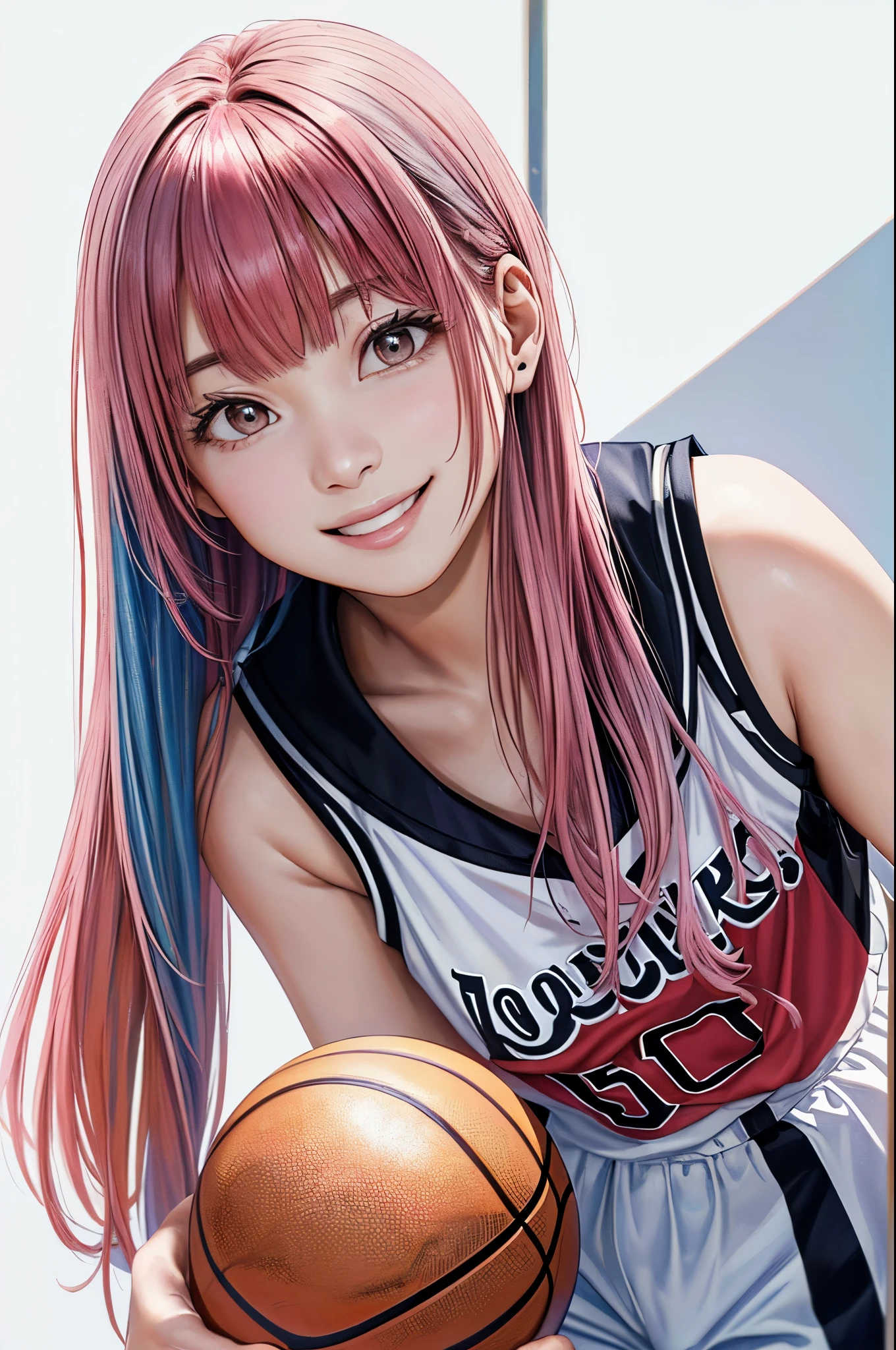 (((Frame In、Pure white wall background、Highest quality、8k、32K、masterpiece)))、(Realistic)、(Realistic:1.2)、(High resolution)、Very detailed、Very beautiful face and eyes、1 person、Round and small face、Tight waist、Delicate body、(close、Highest quality、Attention to detail、Rich skin detail)、(Highest quality、8k、Oil paints:1.2)、Very detailed、(Realistic、Realistic:1.37)、Bright colors、(((Pink Hair)))、(((Pink Hair)))、(((Cowboy Shot)))、(((Bob Hair)))、(((The bangs are uniform)))、(((Pure white wall background)))、(((Wearing a basketball uniform)))、(((black basketball outfit)))、(((smile)))、(((1 female)))、(((Tank top style uniform)))、