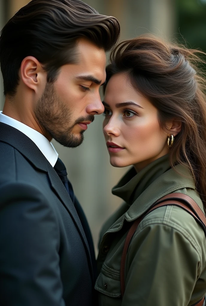 A romantic photo of a handsome young man in suit and a beautiful young woman in combat clothes. Close up. It should look magical and they are facing each other