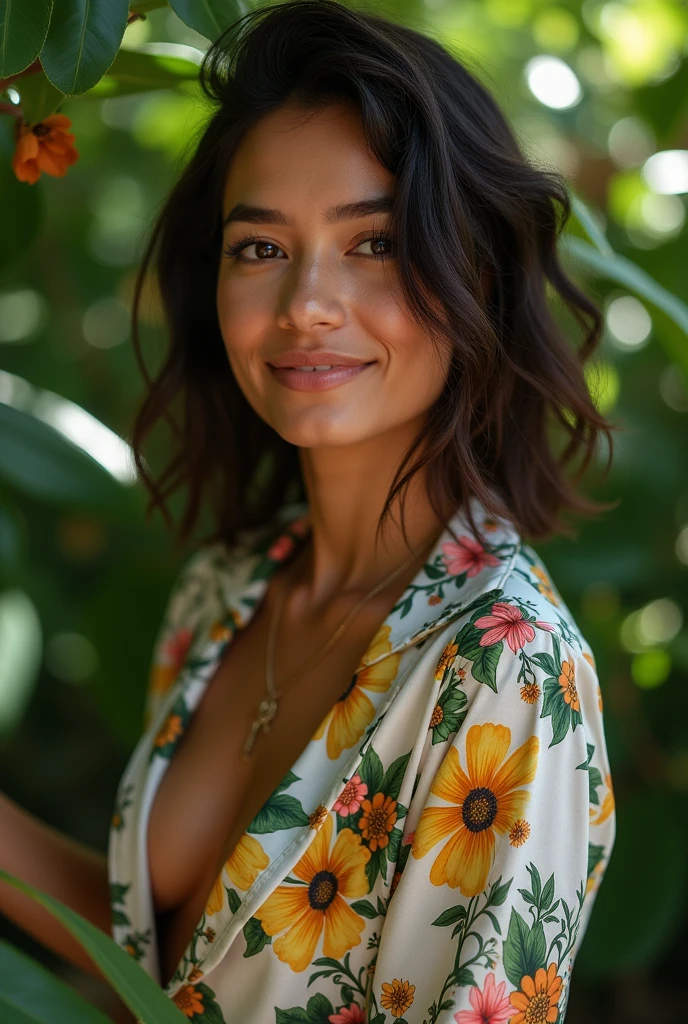A Brazilian woman in a lush tropical garden, wearing an open shirt with a floral print, with a close-up capturing the harmonious beauty between her breasts and the natural flowers, showing off your natural charm and outgoing personality.