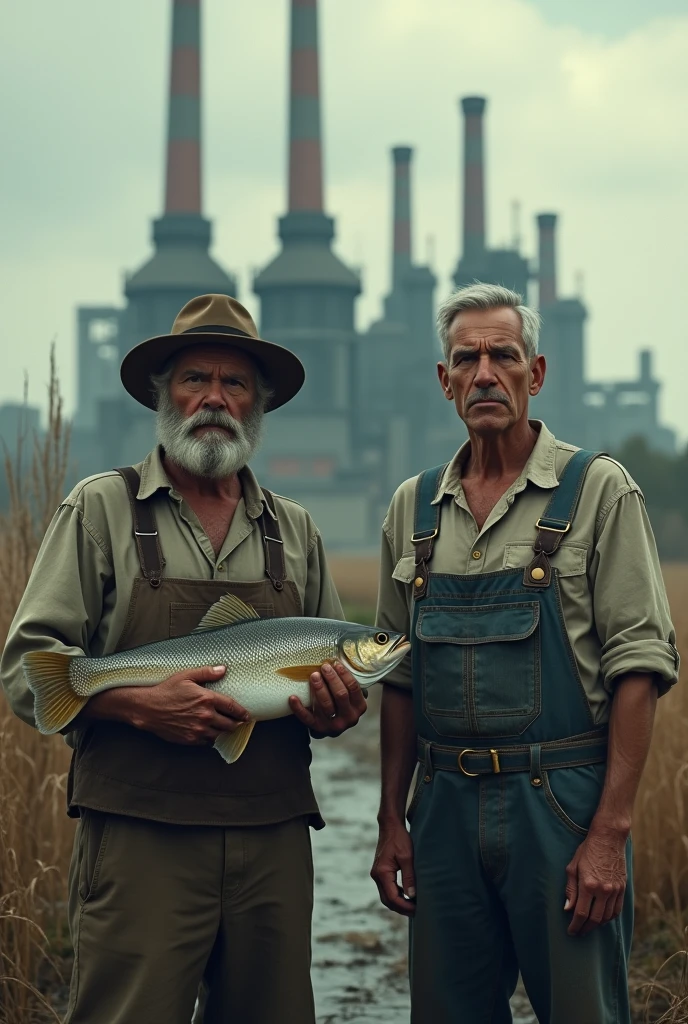 Fisherman with fish in hand and a farmer, they are friends but they are sad.
In the background an image of large companies





