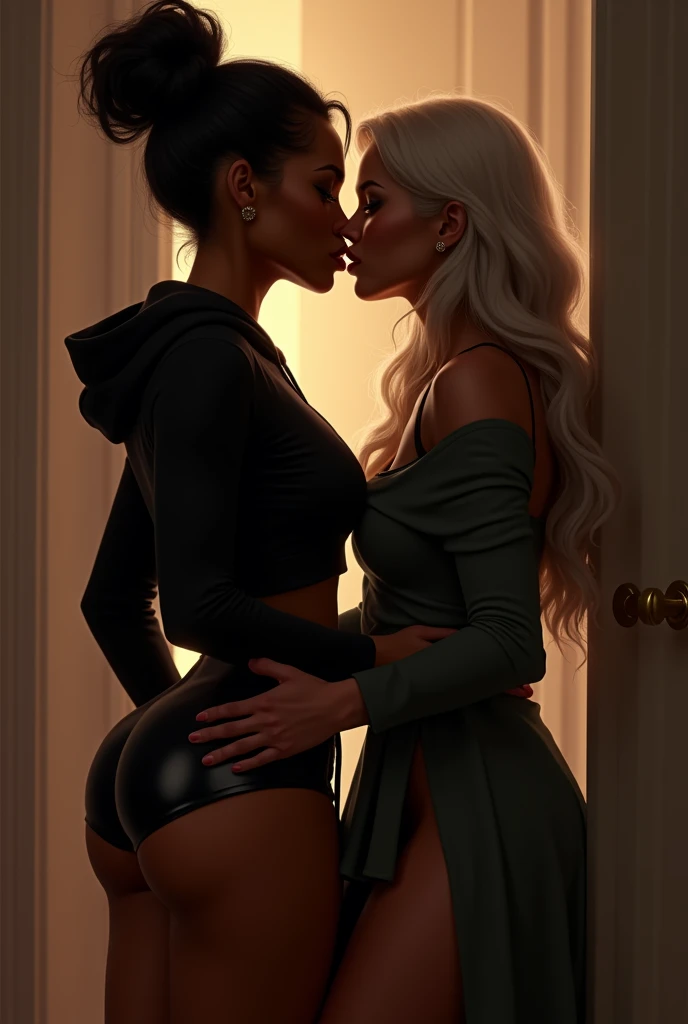 black woman in a bun black hoodie shiny black leather short shorts pockets in shock as a old grandma in a dress on her knees kissing her ass behind her hand is in her ass holding her ass backside view french kissing love making
