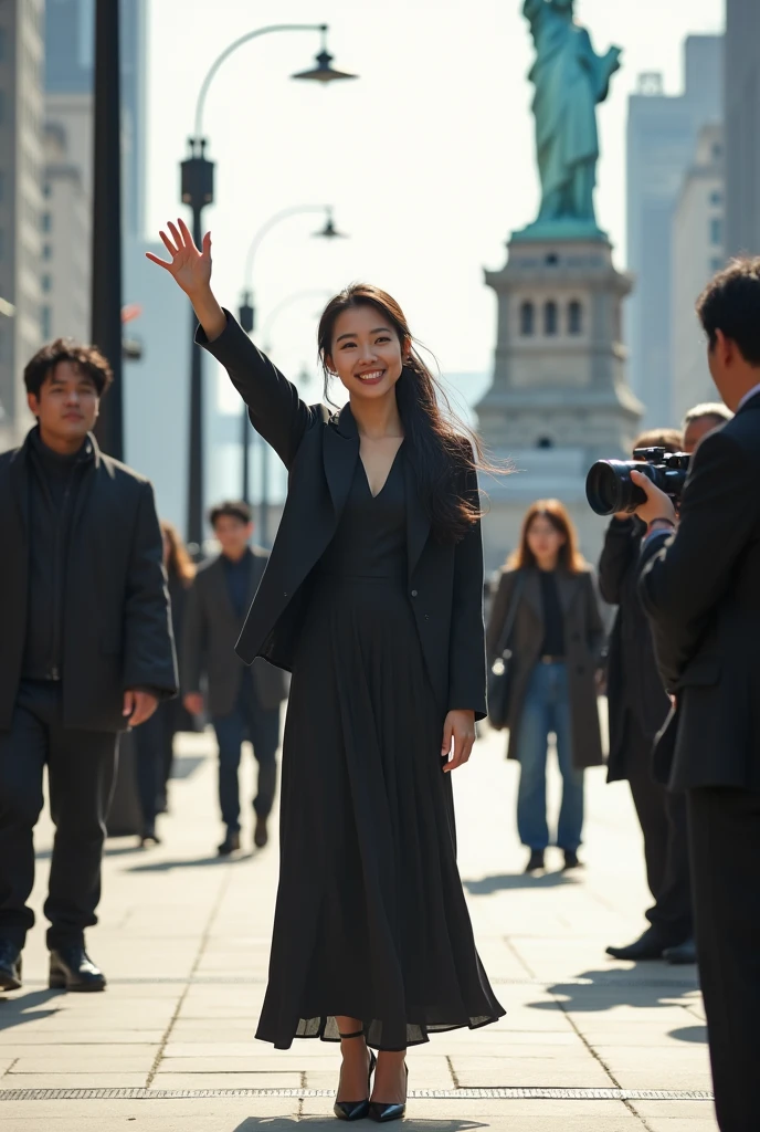 a young woman long black ponytale hair, wear outfit jacket with shawl neck, long skirt dress clothes, wear high shoes, standing while raise right hand up to audience on middle between journalist, natural, sweetly smile, happiness, his actress movie hollywood, lighting pole lamps, real hyper realistic, real human japanese, UHD 8k, detailed photo, perfect face, detailed places, landscape, full body, photo was taken from a distance on outdoor sidewalk the statue of liberty new york city
