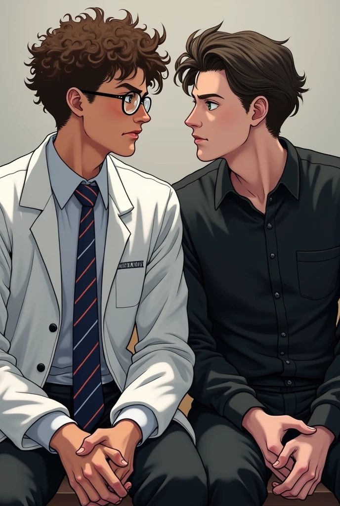 create two guys 20 years old sitting next to each other, in the left the guy is taller has eye glasses and has brown curly hair, he wears lab gown over white long sleeves and blue and red stripes tie, has green eyes looking at the other guy angrily, the other guy beside him wears black clothes has long black hair and he looks playful.