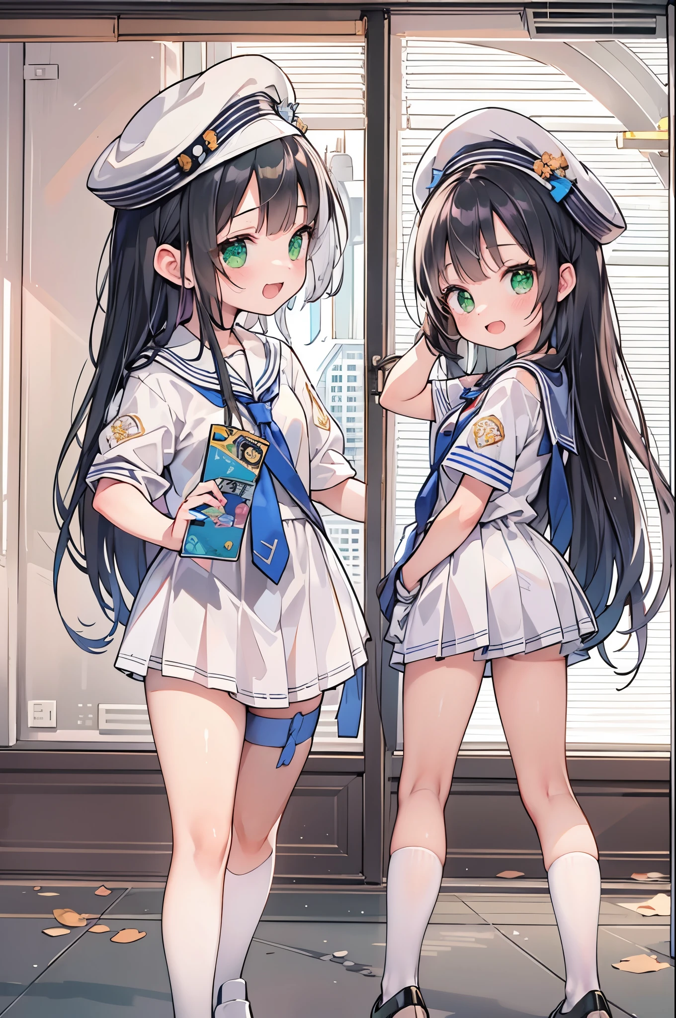 ((2-panel cartoon)),((Highest quality, 8k, masterpiece: 1.3)), whole body,1 personの,1 person,,Glamorous Body,cute,smile,Open your mouth,Black Hair,Beautiful emerald green eyes,long hair,Stand in front,Sailor suit,White short sleeve blouse,tie,Black pleated mini skirt,loafers,Cute gestures,