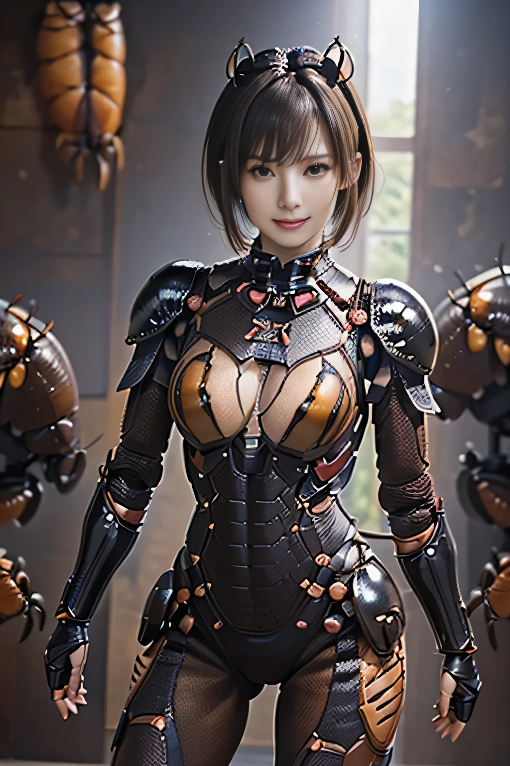 (high resolution,masterpiece,best quality,extremely detailed CG, anime, official art:1.4), realistic, photo, amazing fine details, all intricate, gloss and shiny,awesome many layers, 8k wall paper, 3d, sketch, kawaii, illustration,( solo:1.4), perfect female proportion,villainess, (fusion of dark brown cockroach and lady:1.4), (brown cockroach form lady:1.2), (brown cockroach lady:1.2), (fusion:1.2), (solo:1.4), (evil smile:1.2), muscular, abs, (cockroach brown exoskeleton bio insect suit:1.4), (cockroach brown exoskeleton bio insect armor:1.2), (brown transparency cockroach wing:1.4), (brown cockroach antennae:1.3),