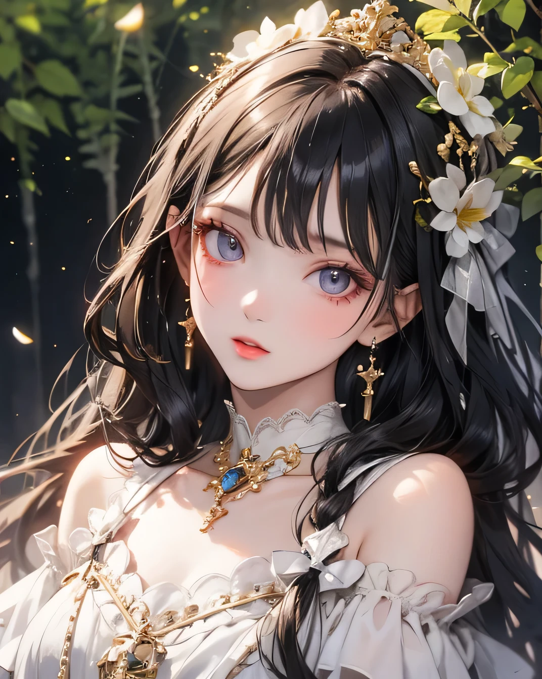 Masterpiece, Highest quality, Ultra-high resolution, Fluorescent color, One beautiful woman, Looking at the audience, Beautiful Face, Beautiful Eyes, (Off the shoulder: 1.2), Lift your head, Upper Body, forest, Shiny Hair, Glowing Skin, Shining Cut,