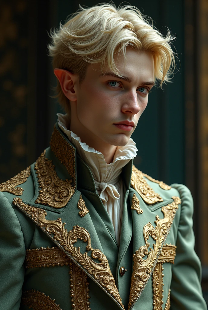 Photorealistic digital (absurd, High resolution, Super detailed), 1 young man, Effeminate, blue eyes,blonde hair in waves and layers. lonely, thin chin, splattered nose, Baroque, victorian clothing, long sleeve, elegant, rich and colorful, the most detailed, with boots.