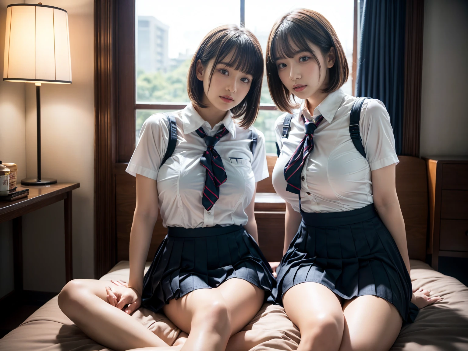 (RAW photo, 4k, masterpiece, high resolution, extremely complex) (realistic: 1.4), cinematic lighting
 ((2 girls, 2 schoolgirls)),Slam Dunk's,blushing,((innocent)),(Dark makeup),bright eyes,round eyes,blunt bangs,(short bob hair:1.3),black hair,large breasts,wide hips,Summer Noon, ,Hot, (Best Quality), (Highres), (an Extremely Delicate and Beautiful),(Beautiful 8k face),(Brown eyes),short bob hair,( spectators),(gigantic breasts),(Play with each other,Touching each other's bodies,Touching the body),(Japanese high school uniform:1.3),blue skirt,(reality),bright lighting,(The background is a luxury hotel room)