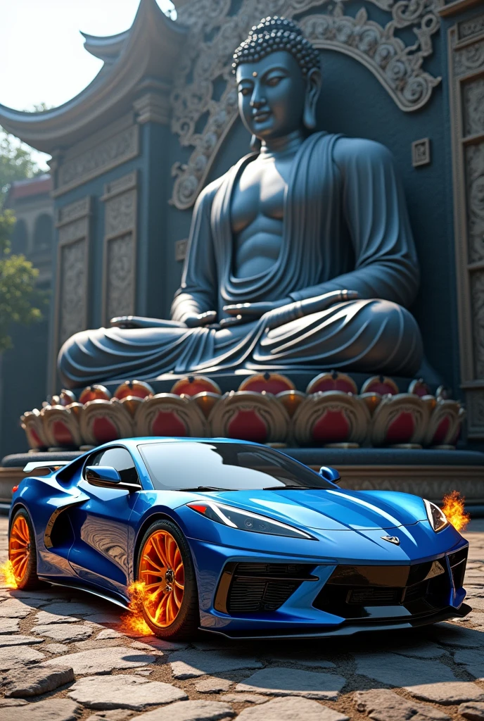 there is a metallic blue sports car at the base of massive Buddha statue, car's wheels are made from fire Buddhist temple background