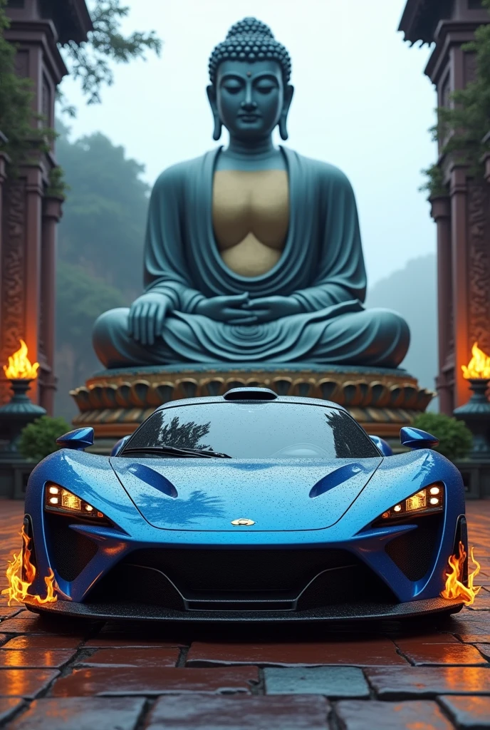 there is a metallic blue sports car at the base of massive Buddha statue, car's wheels are made from fire Buddhist temple background 