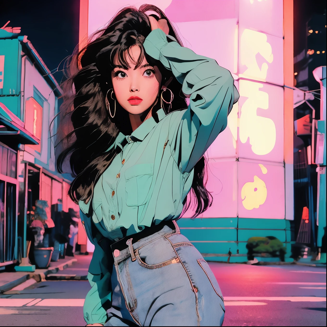 Japanese,City,night,building,pastel colour,neon,(various poses:1.4)