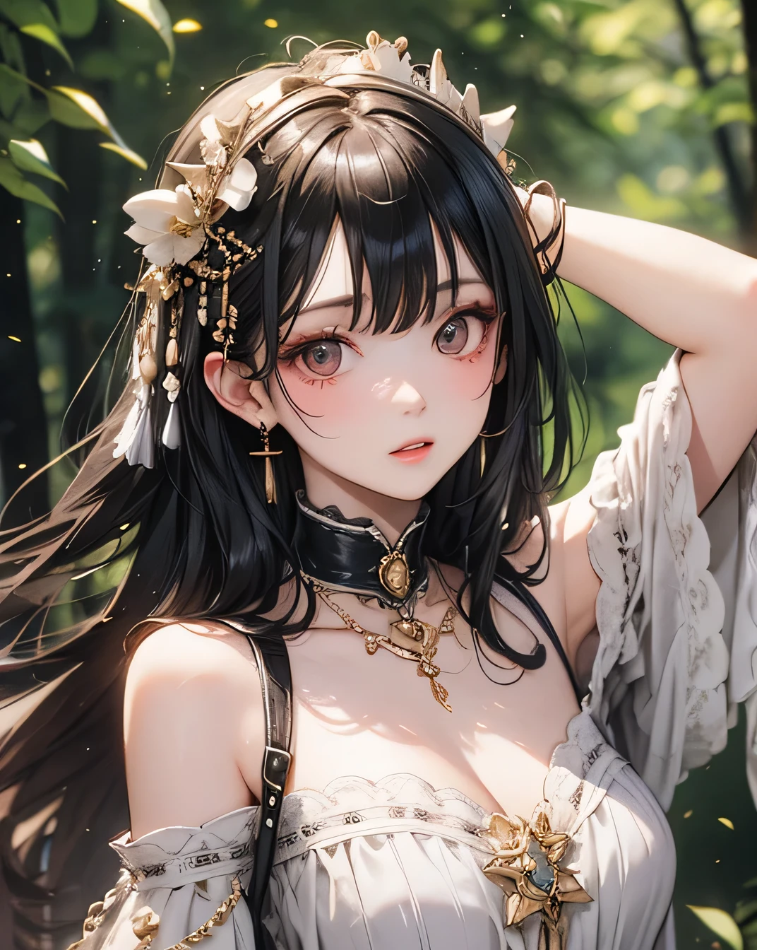 Masterpiece, Highest quality, Ultra-high resolution, Fluorescent color, One beautiful woman, Looking at the audience, Beautiful Face, Beautiful Eyes, (Off the shoulder: 1.2), Lift your head, Upper Body, forest, Shiny Hair, Glowing Skin, Shining Cut,