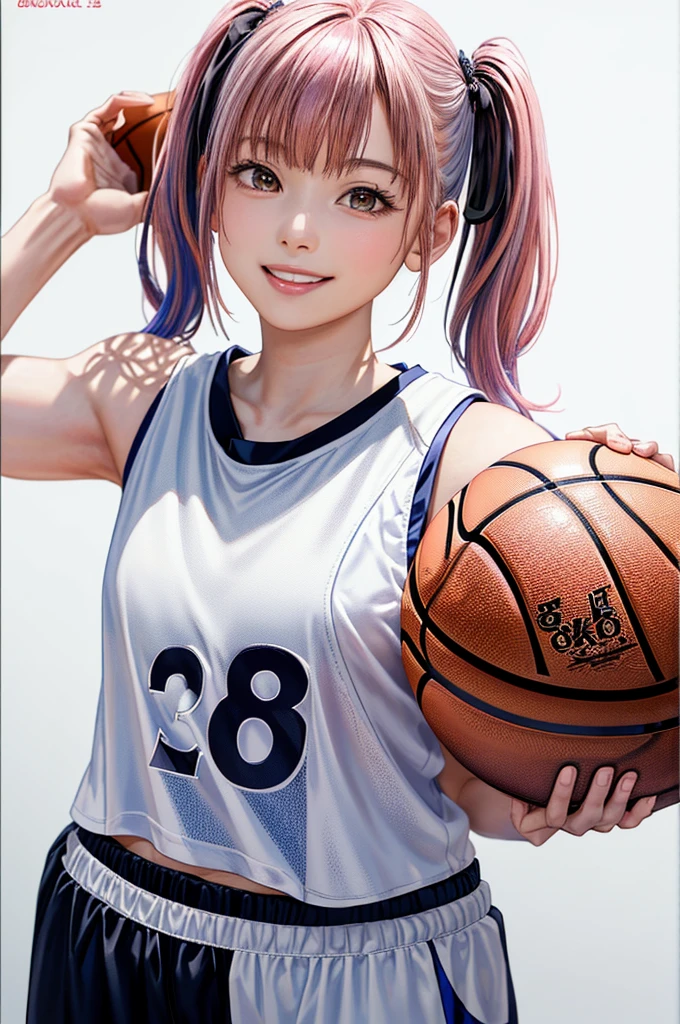(((Frame In、Pure white wall background、Highest quality、8k、32K、masterpiece)))、(Realistic)、(Realistic:1.2)、(High resolution)、Very detailed、Very beautiful face and eyes、1 person、Round and small face、Tight waist、Delicate body、(close、Highest quality、Attention to detail、Rich skin detail)、(Highest quality、8k、Oil paints:1.2)、Very detailed、(Realistic、Realistic:1.37)、Bright colors、(((Pink Hair)))、(((Twin tails)))、(((Cowboy Shot)))、(((Bob Hair)))、(((The bangs are uniform)))、(((Pure white wall background)))、(((Wearing a basketball uniform)))、(((black basketball outfit)))、(((smile)))、(((1 female)))、(((Tank top style uniform)))、