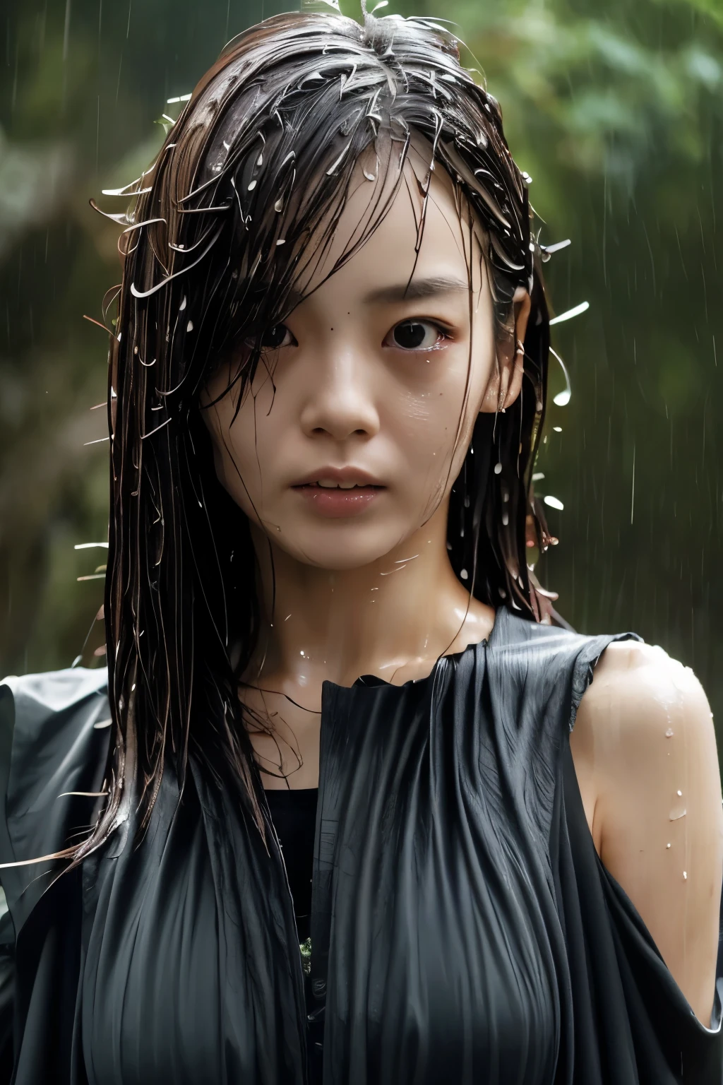 Best Image Quality, masterpiece, Ultra high resolution, (loyalty :1.4), Skinny Japanese woman, 1 girl, detailed face, detailed eyes, correct human body structure, dim, Dark, Tears, Tearsdrop, (wet soaked clothes sticking to the body:1.4), bare shoulders, wet hair, torrential rain, in the deep forest,