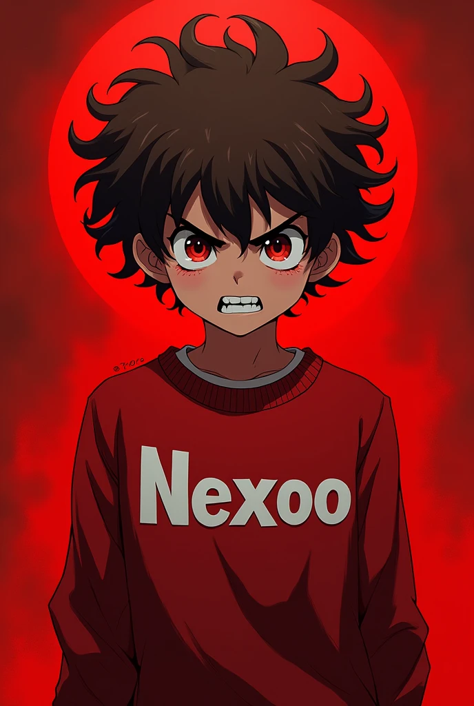 Make me a boy who looks like in anime he has brown curls and the background is red he is evil and the background should also be red and he has a red sweater with the word Nexoo written on it in white letters