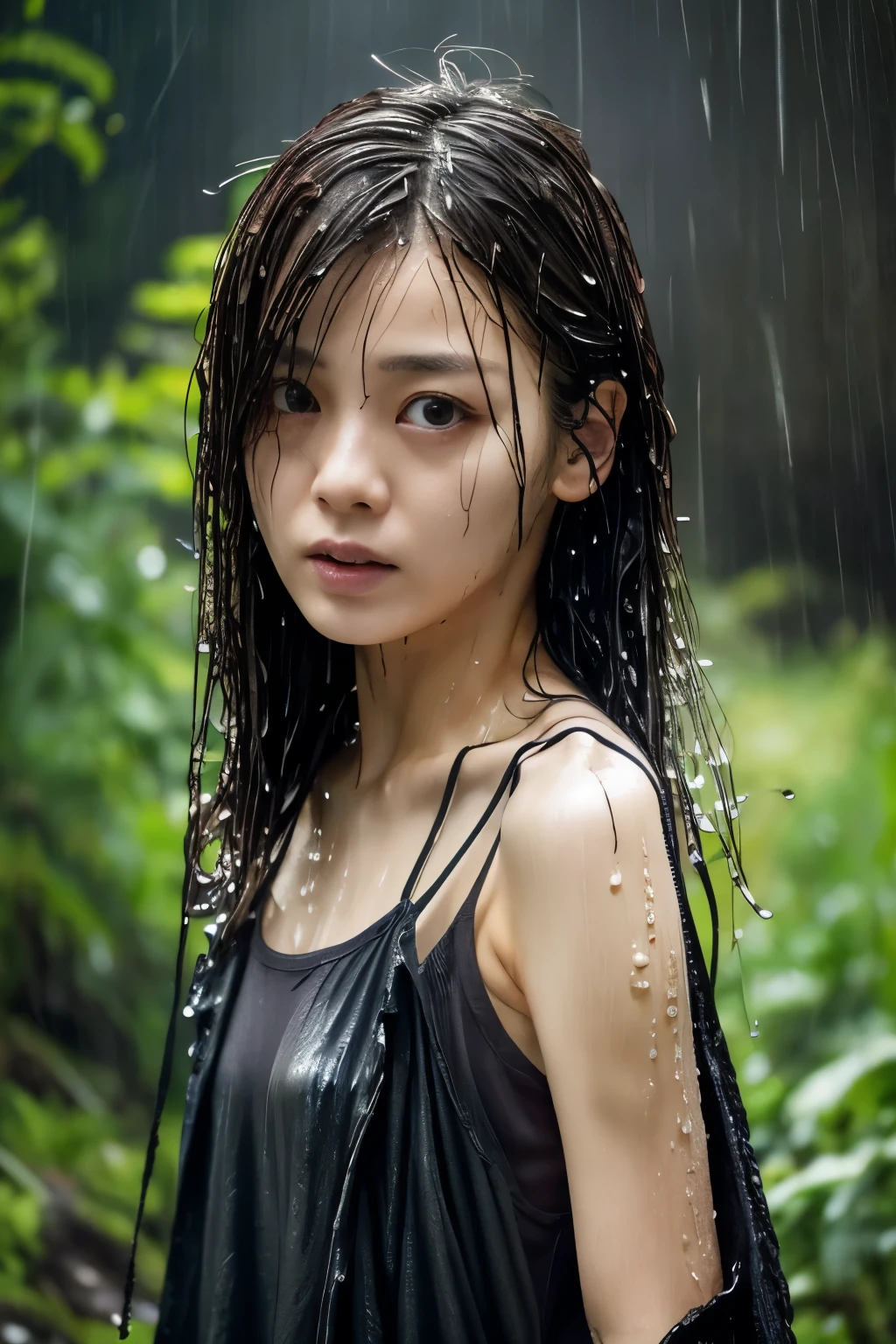 Best Image Quality, masterpiece, Ultra high resolution, (loyalty :1.4), Skinny Japanese woman, 1 girl, detailed face, detailed eyes, correct human body structure, dim, Dark, Tears, Tearsdrop, (wet soaked clothes sticking to the body:1.4), bare shoulders, wet hair, torrential rain, in the deep forest,