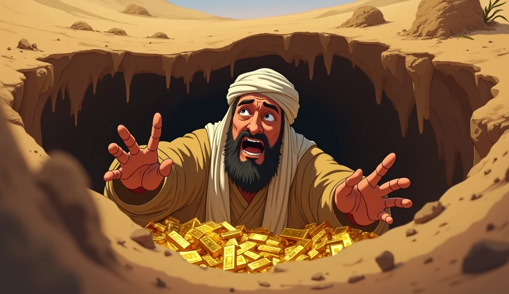 Animated image of a Muslim man asking for help because he was drowned in the ground with his gold and all his possessions