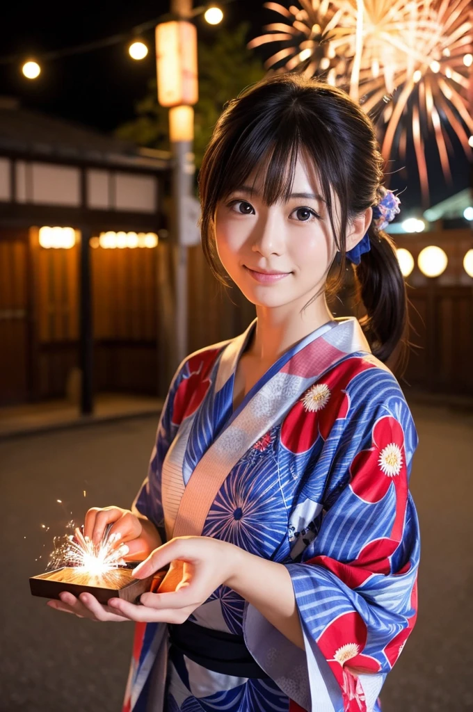 Nogizaka Beautiful Japanese woman wearing a yukata and playing fireworks A ish