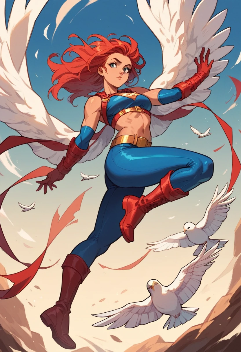 1girl, long red hair, white bird-wings, dark blue crop top, dark blue arm guards, gold belt, dark blue leggings, red high boots, gold harness, justice