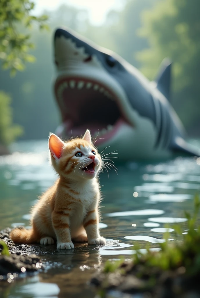 The baby cat, unaware of the approaching danger, continues to sing happily, its voice echoing across the water. The shark lunges out of the water, jaws wide open, ready to snatch the baby cat.