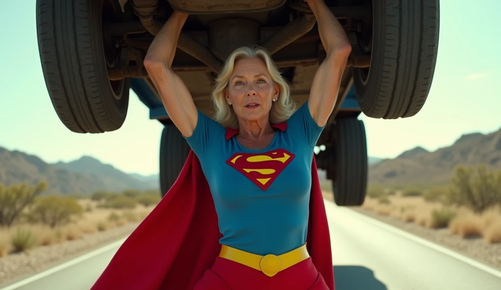 Superstrong Superold Superwoman(((1984s Supergirl costume))) Julie Hagerty (((beautiful body; 70 year old lady, beautiful woman, fit body))); big and strong breasts. levanta facilmente um a a truck on the road sobre sua cabeça; arms of a strong woman. HD. Photograph, ((realism)), extremely high quality RAW photograph, ultra detailed photograph, sharp focus, high resolution, (detailed skin:1,3),high quality, film grain, Fujifilm XT3,Highly Detailed, movie, (Cinematic Photo:1.3) of (Realistic:1.3)