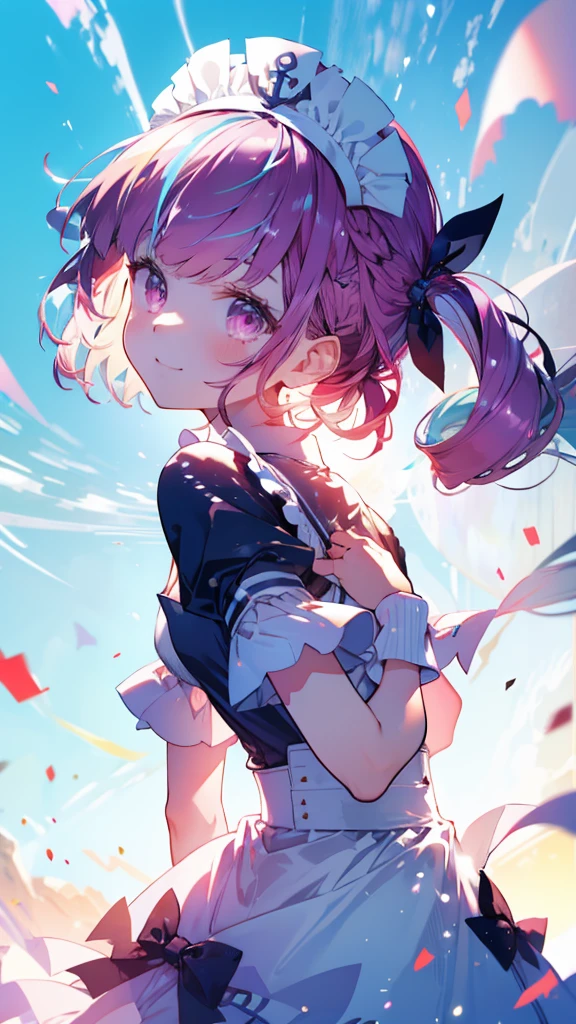 (Highest quality:1.2), (Very detailed:1.2),(masterpiece:1.2),(8k:1.2),(Blessed,Captivating body、Very beautiful eyes、Very detailed肌、Very detailed顔,Detailed Background), aaaqua, twintails, drill hair, maid headdress, cleavage, short sleeves, wrist cuffs, (summer background,Blue Sky background:1.3),(Gentle smile)、farewell、graduation, (looking back:1.2)