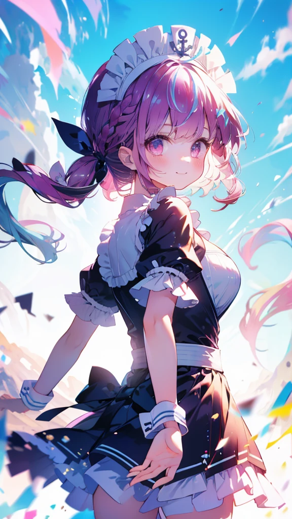 (Highest quality:1.2), (Very detailed:1.2),(masterpiece:1.2),(8k:1.2),(Blessed,Captivating body、Very beautiful eyes、Very detailed肌、Very detailed顔,Detailed Background), aaaqua, twintails, drill hair, maid headdress, cleavage, short sleeves, wrist cuffs, (summer background,Blue Sky background:1.3),(Gentle smile)、farewell、graduation, (looking back:1.2)