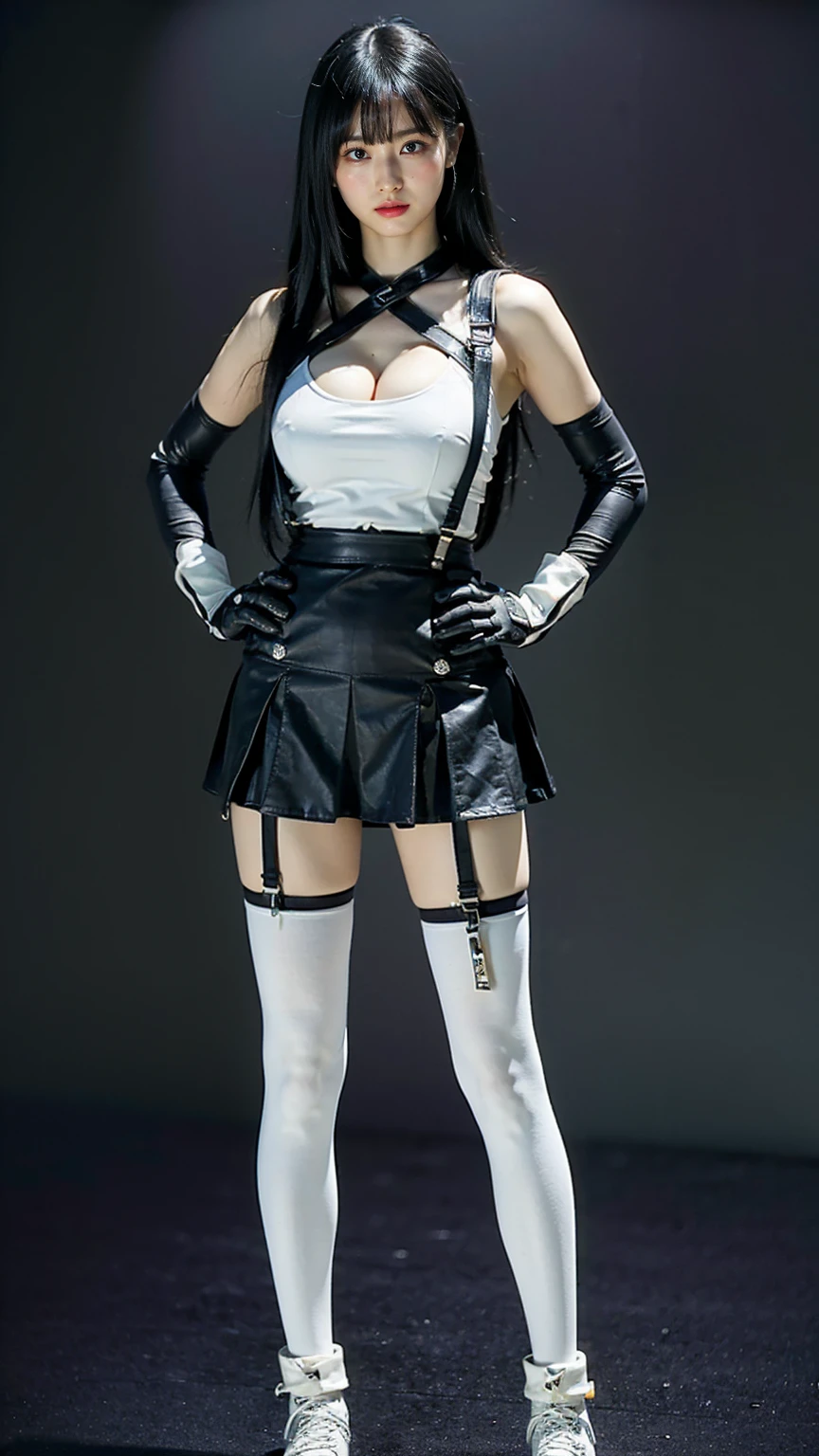 (8k、RAW Photos、Highest quality、masterpiece:1.2)、(Realistic、Realistic)、1 person、((black and white、Cleavage、tights、Gloves、Garter Ring、mini skirt、Thin legs、whole body、boots、View from the front、Looking into the camera、Black Room、Stand with hands on hips))、cute