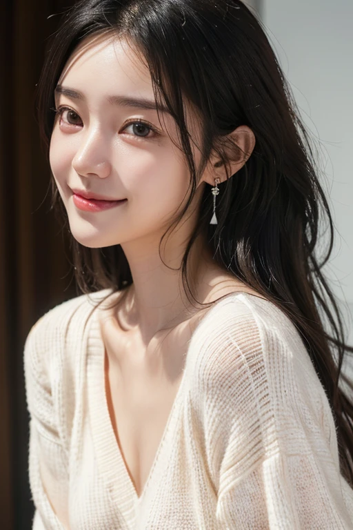 (Two pure Japanese,), (Small breasts:1.5,),(alone,,Textured skin, Detailed skin,Detailed face,Detailed eyes,detailed posing,Natural eyebrows,Sparkling eyes,Attention to detail, Highest quality, Very detailed, Surrealism, ,8k,RAW Photos,Photographicism,Professional Lighting,Ray Tracing,Portrait Photography,Soft Light),((Black Hair, Natural Makeup,Simple Earrings, Medium Hair,Wavy Hair,smile)),(((V-neck sweater,Camera Girl,I have a camera)))