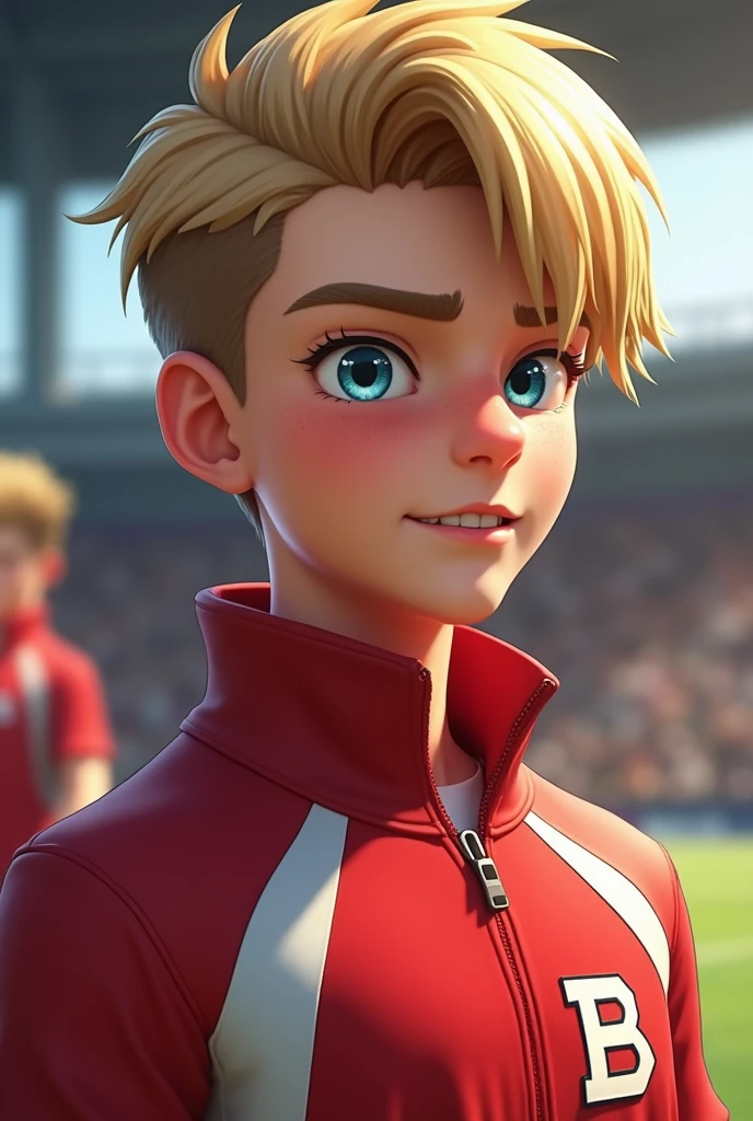 He is a teenager with straight blond hair and his haircut is swept to the side and is very charming to women., piercing gaze and the color of his blue eyes picina, with an athletic body and impeccable posture and wears a uniform with red and white on the team jacket and an acronym of the school name which is P for team like the United States. Show me in a more realistic way.