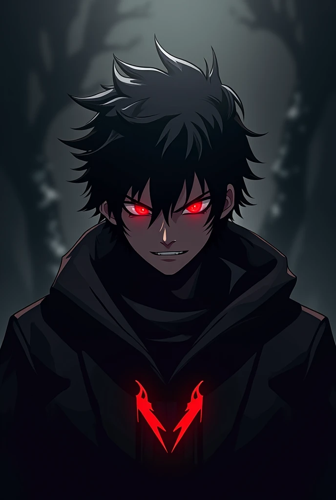  "IROS GAMING" in a bold, modern font that complements the dark, intense theme. A dark-shaded anime character with a menacing look. The character should have a prominent, intimidating expression with striking red eyes. Dark tones (black, gray) with accents of red for the eyes and possibly other details to enhance the overall fearsome look. The character can be either a full face or a more stylized, abstract version to keep the logo clean and versatile.