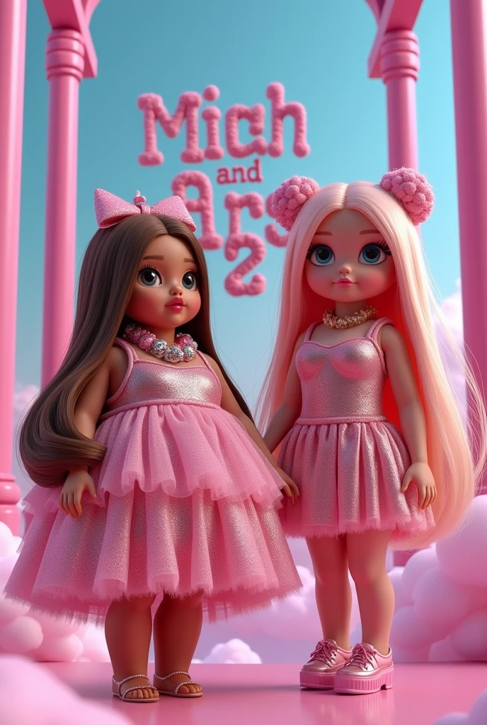 A doll , a little plump, with brown hair and long blonde strands in the front on both sides, wearing a pink gold dress with Nicki Minaj wearing one of her Pink Friday 2 World Tour outfits, with pink hair, are make-up, let them be set in a pink subway above the clouds, let the sky be blue-pink and behind them write big and with glittering pebbles Nicki Minaj and Miss Ari 